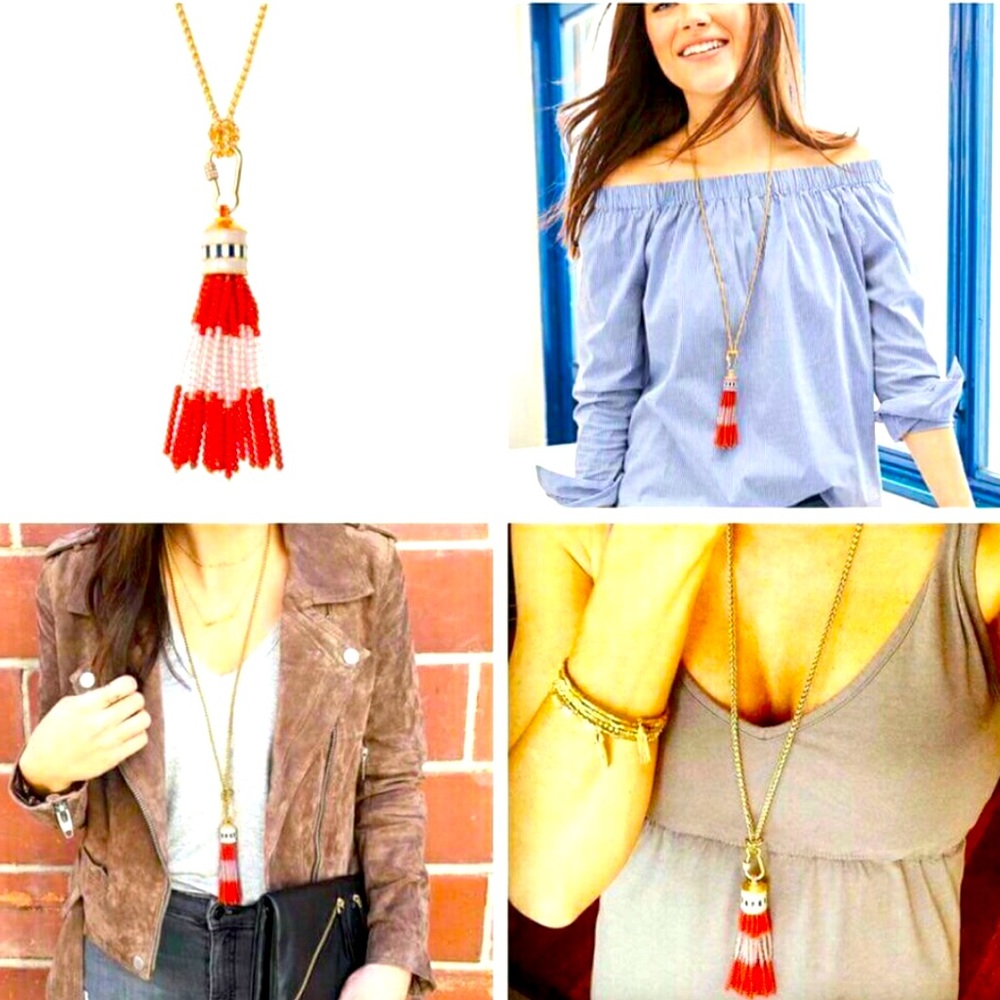 Stella & Dot | Retired Coral Red + Gold Beaded Brio Tassel Necklace - Picture 8 of 12